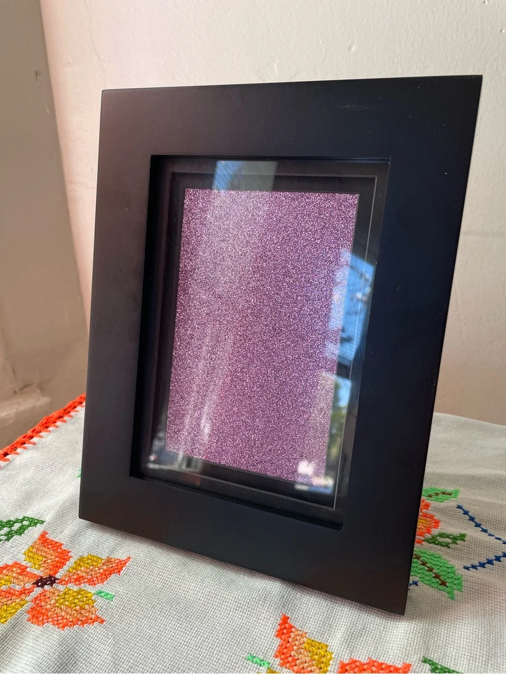 Black Frame with Black Double Mat and Sparkly Pink Background 5x7